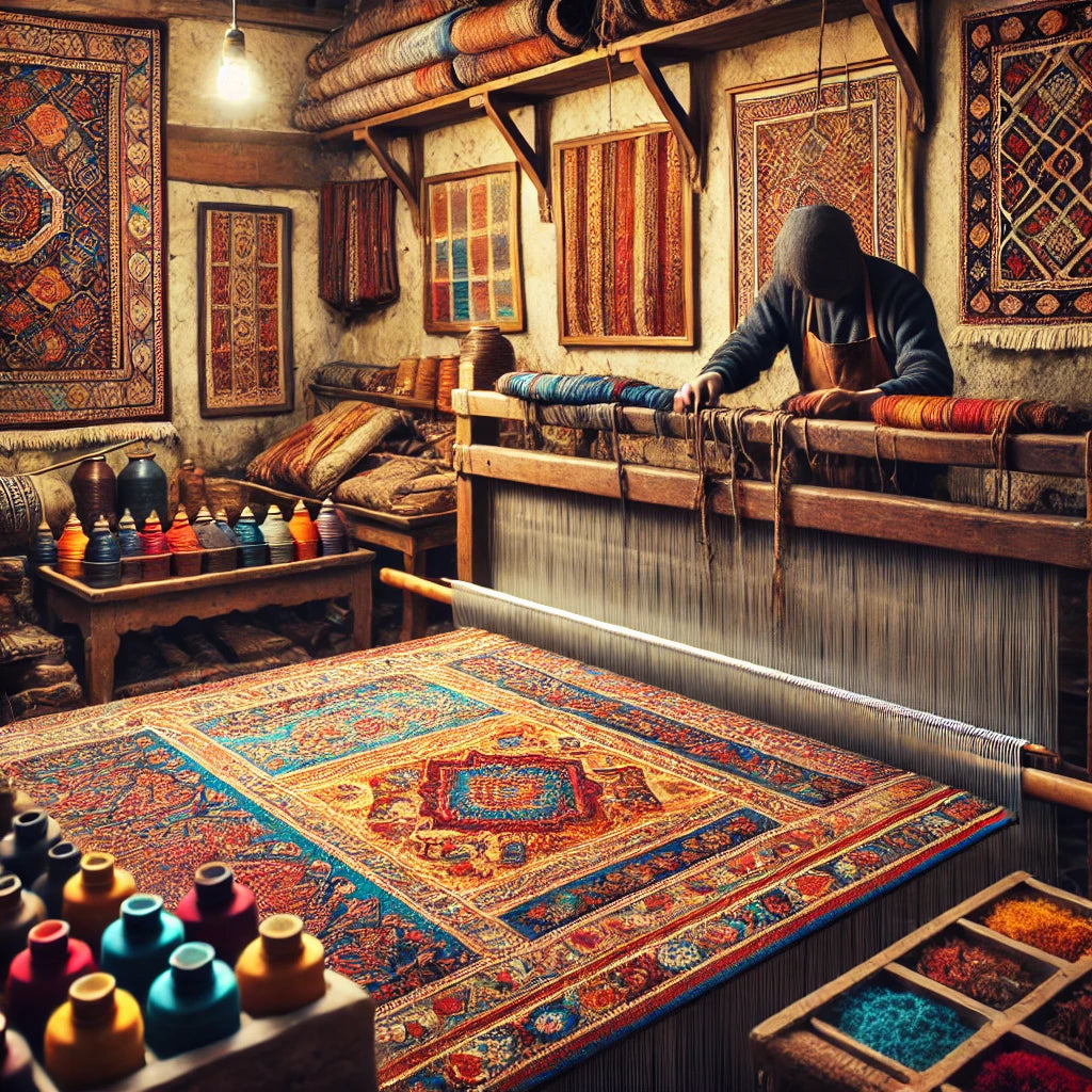 traditional Turkish carpet being woven on a wooden loom by an artisan in a workshop