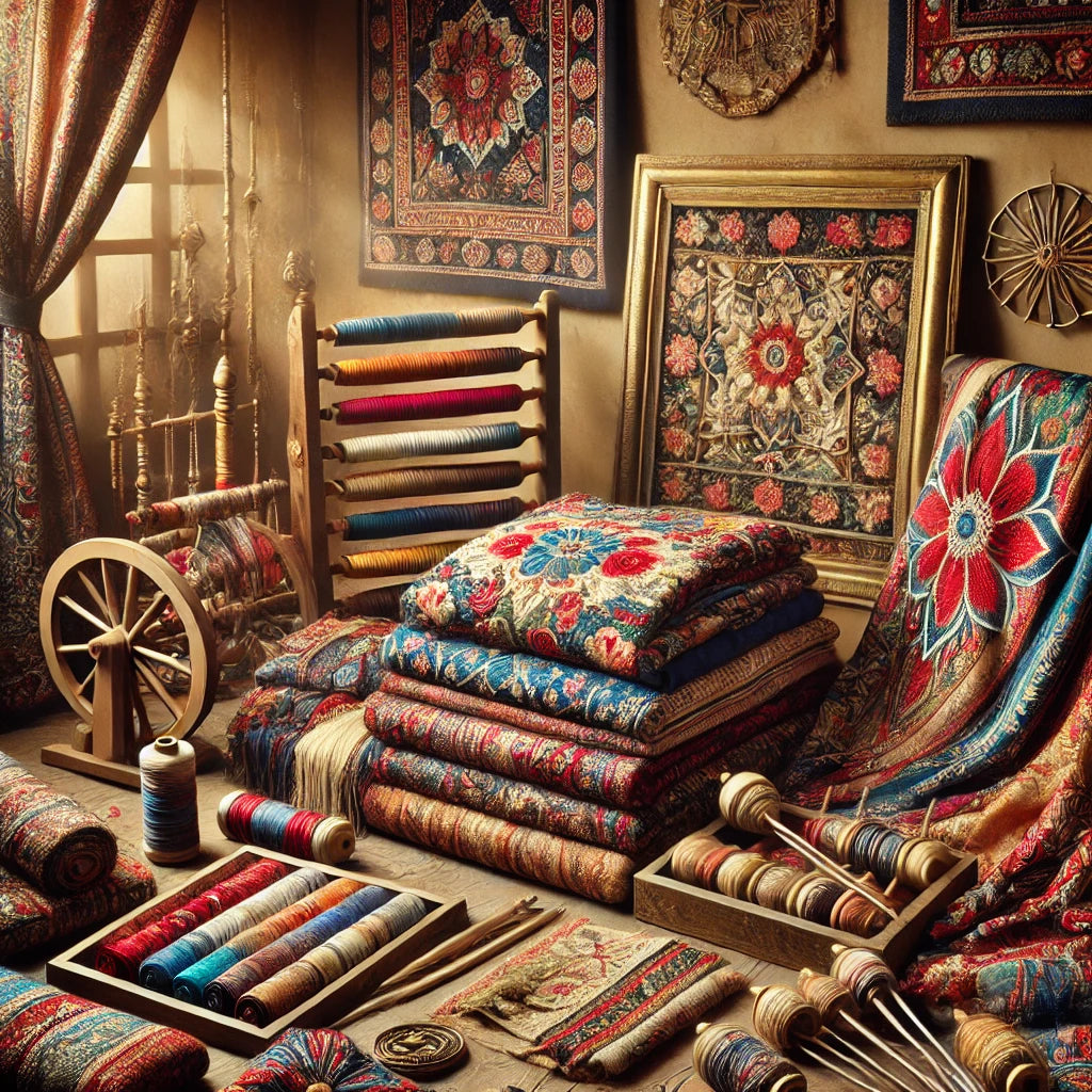 A visually stunning depiction of traditional Turkish textiles, featuring intricate embroidered fabrics