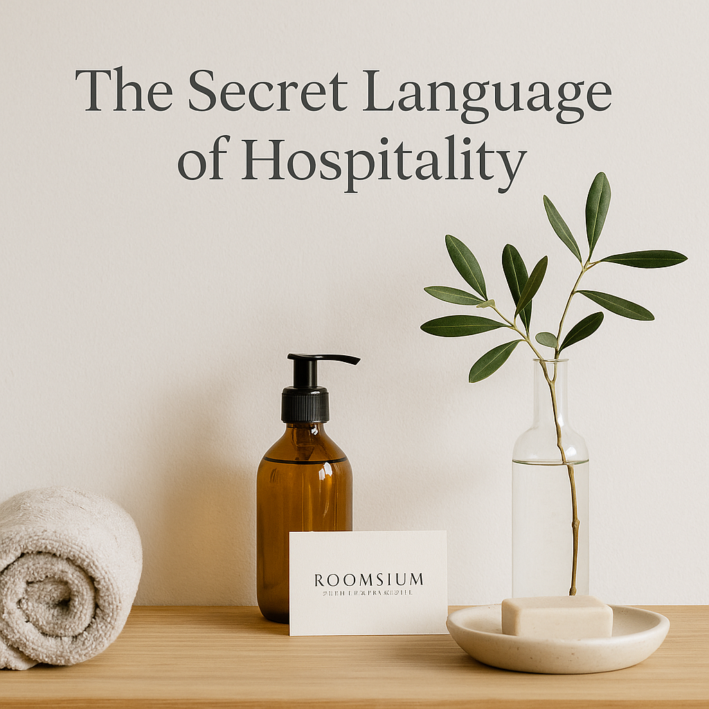 Minimalist interior with soft light highlighting curated hospitality essentials including towels, amber bottles, and olive branch