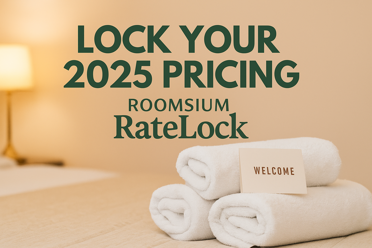 a photograph with overlaid promotional text featuring a hotel towel setup with a soft beige background and bold message lock your 2025 pricing roomsium ratelock highlighting stable hospitality pricing