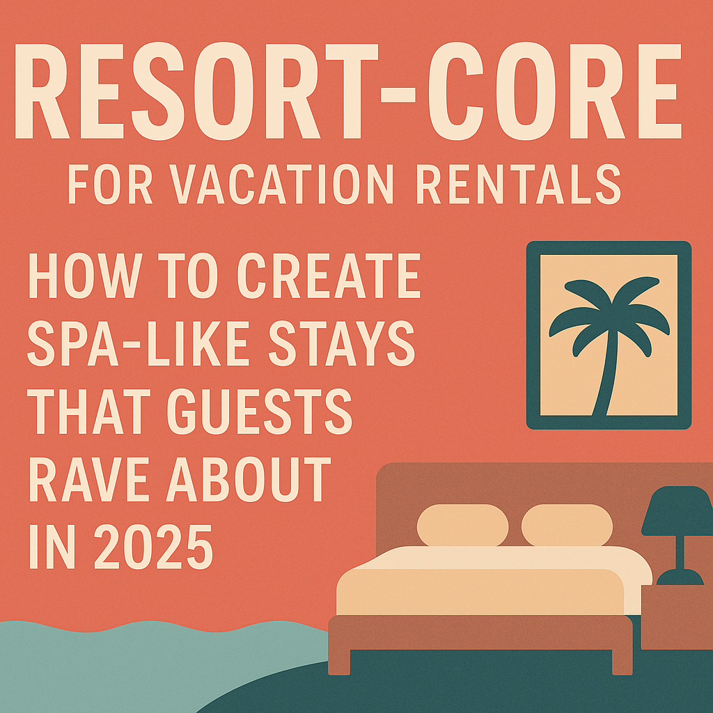 Promotional graphic for Resort-Core blog post, showing a spa-inspired vacation rental bedroom and bold title text about creating spa-like stays in 2025