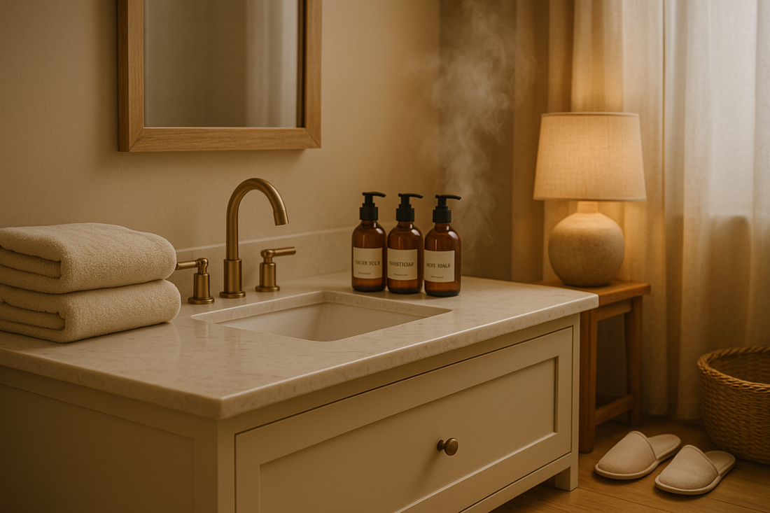 Luxurious bathroom vanity with plush folded towels, amber refillable bottles, and a warm, cozy lighting atmosphere designed to create a sensory-driven guest experience in a vacation rental setting.