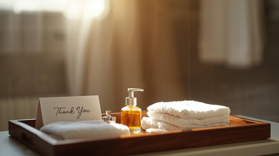 Amber toiletries and thank-you card in minimalist Airbnb bathroom — visual metaphor for hospitality and 5-star guest satisfaction.