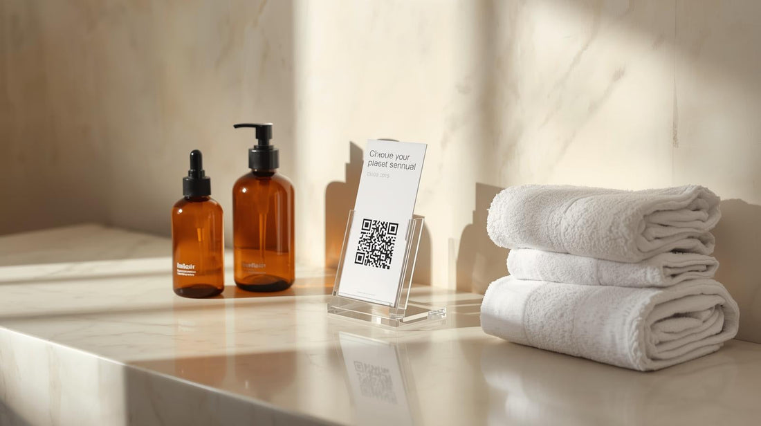 Minimalist hospitality vignette: amber glass toiletries, folded white towels, and a clean acrylic stand with a visible QR code for a digital house manual on a marble counter