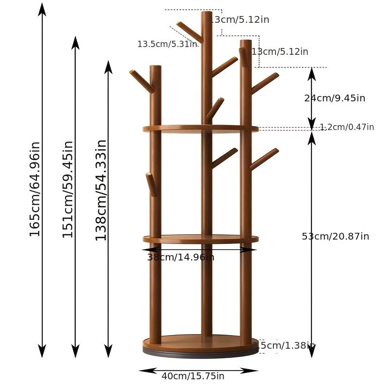 Rotary Solid Wood Coat Rack with 3 Shelves & 9 Hooks β Freestanding 360Β° Rotating Organizer