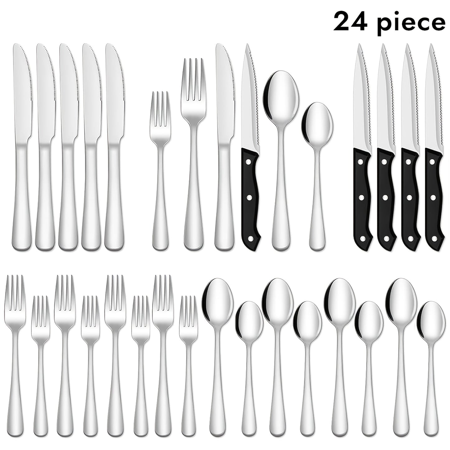 24/48-Piece Stainless Steel Silverware Set with Steak Knives – Mirror-Polished Tableware