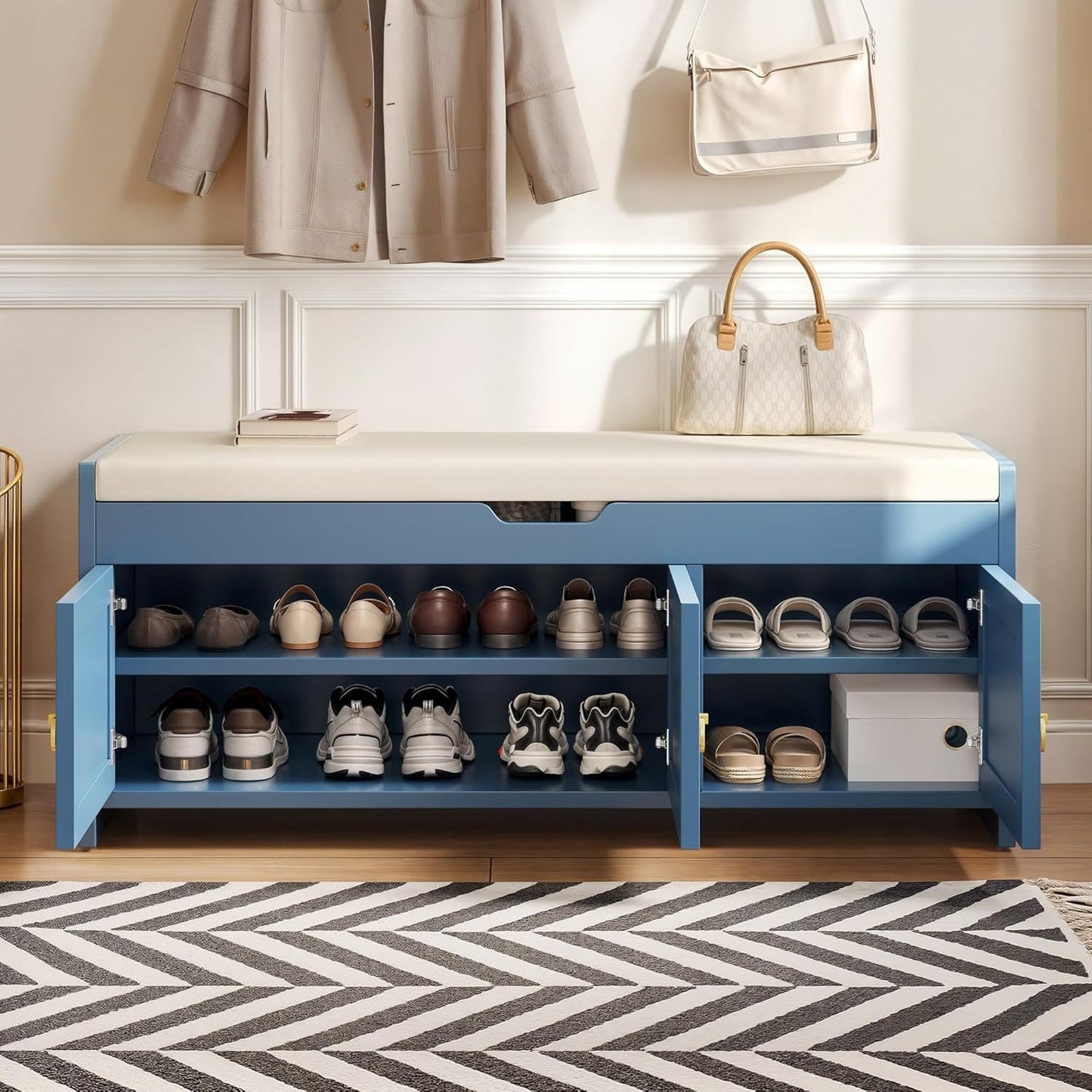 2-Tier Farmhouse Shoe Cabinet Bench with Lift-Top Storage & Barn Doors – Cushioned Seat