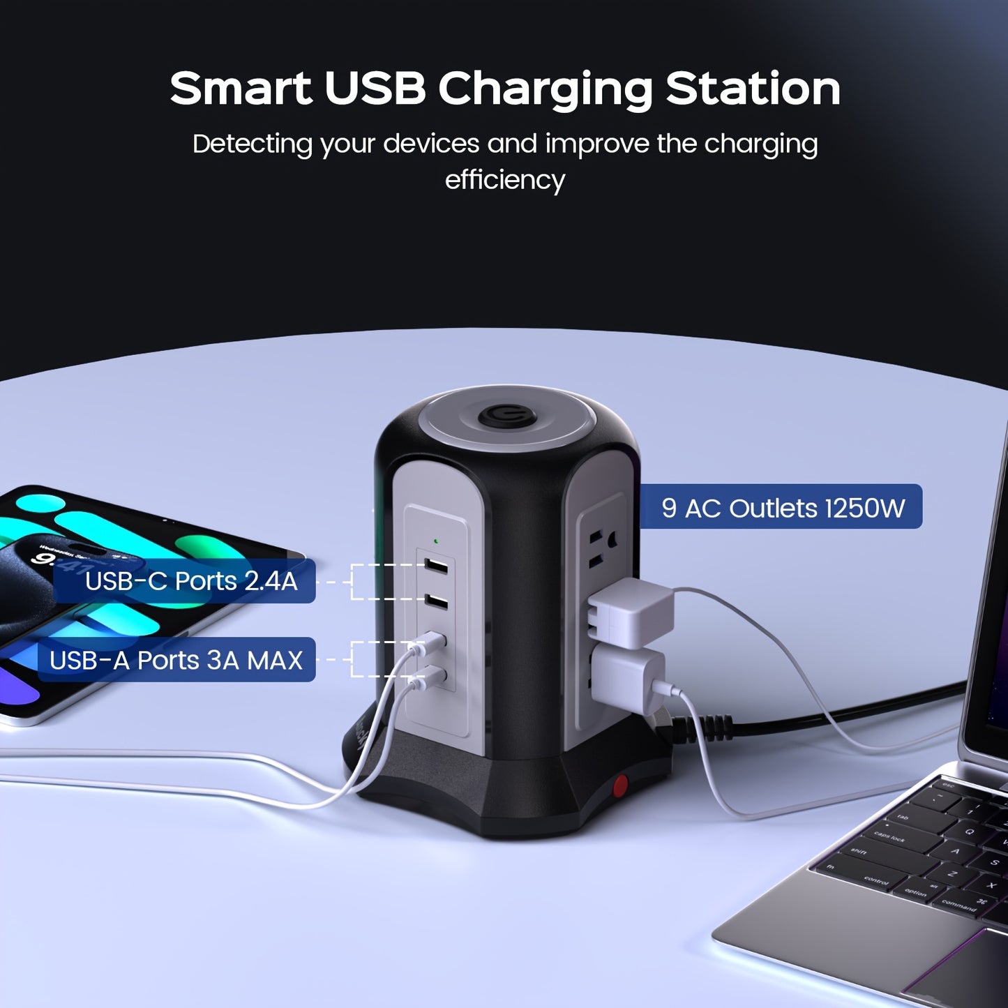 SUPERDANNY 12-Outlet Power Strip Tower with USB & Surge Protection – 35W Fast Charging Station