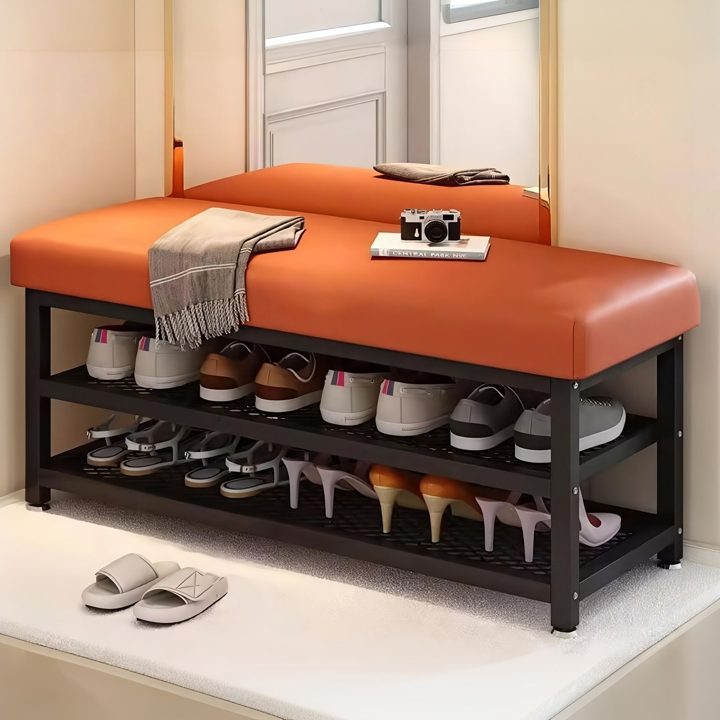 Modern Entrance Shoe Changing Stool with Storage Rack – Metal Frame Organizer with Soft Cushion