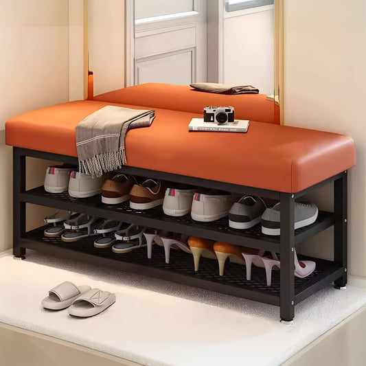Modern Entrance Shoe Changing Stool with Storage Rack – Metal Frame Organizer with Soft Cushion
