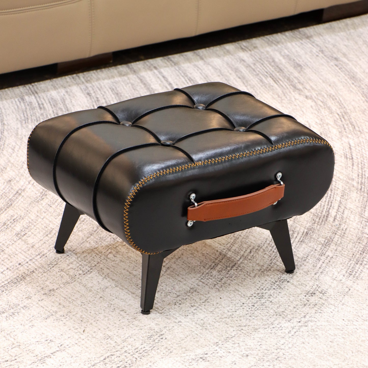 High-Quality Oil Wax Leather Low Stool â Padded Footstool & Accent Bench