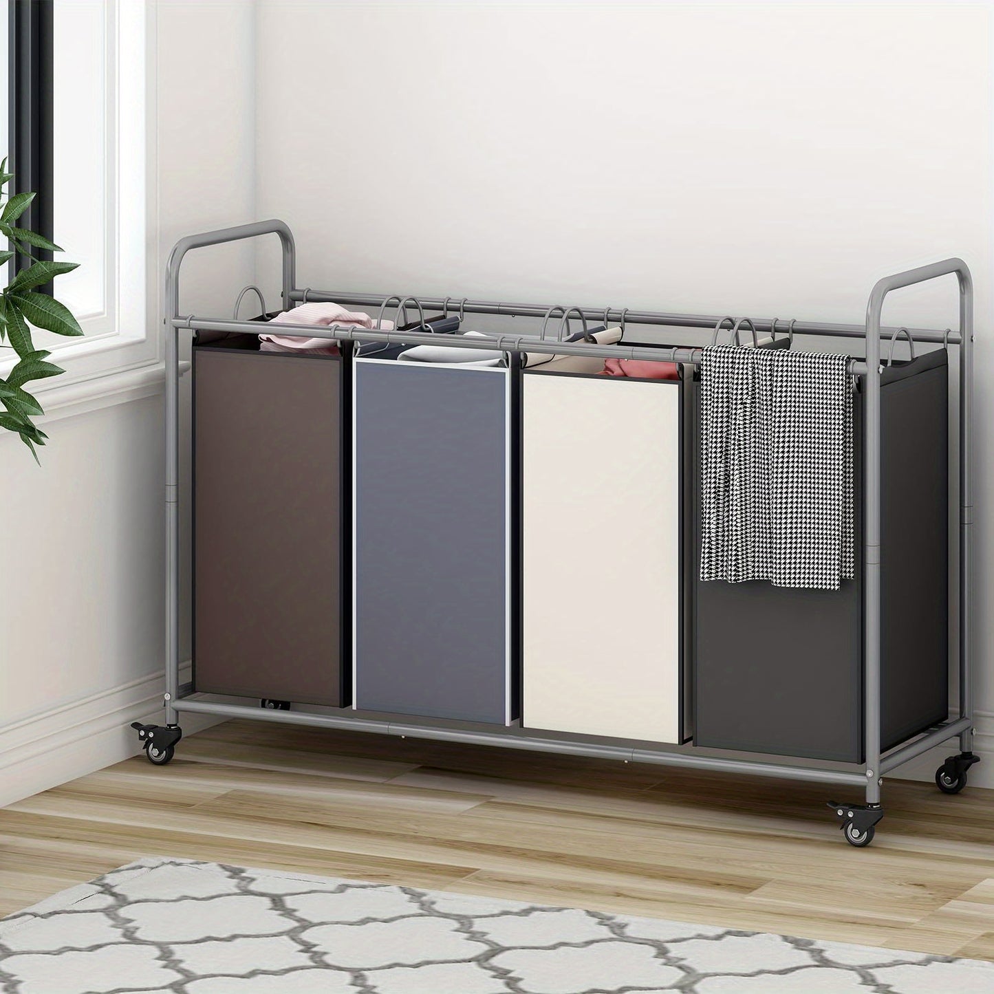 4-Bag Sorter Laundry Hamper Cart with Heavy-Duty Rolling Wheels