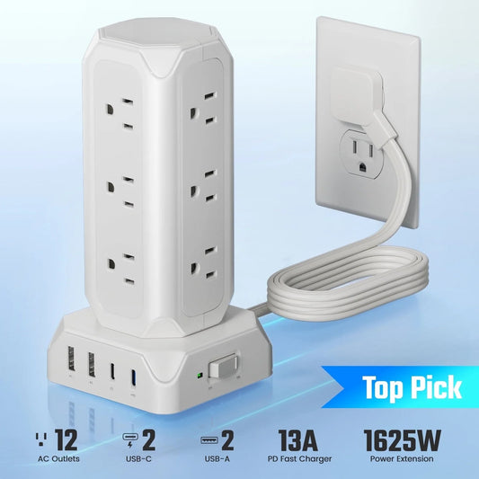 SUPERDANNY 12-Outlet Power Strip Tower with USB & Surge Protection – 35W Fast Charging Station