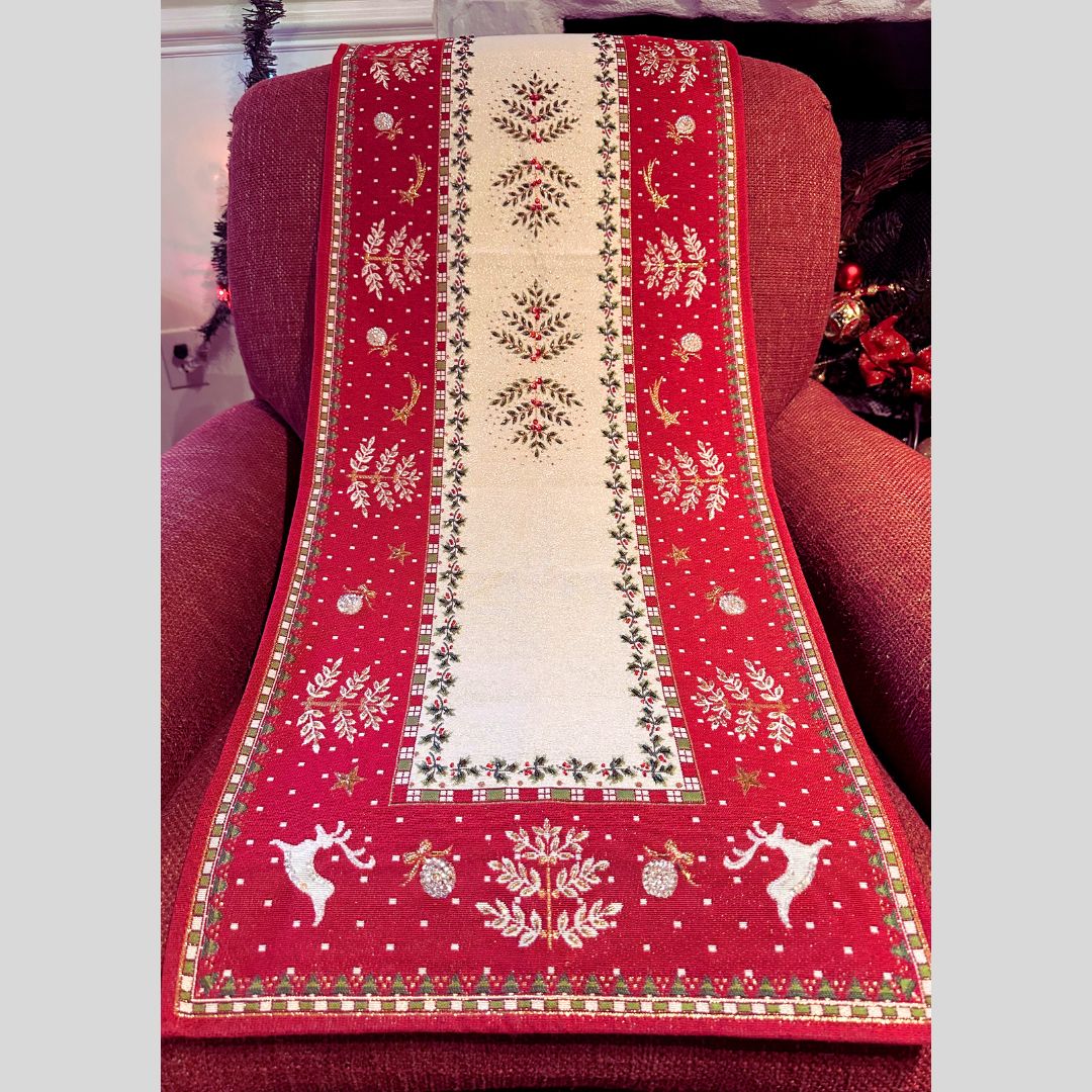 Hand-Beaded Gobelin Christmas Table Runner – Festive Elegance