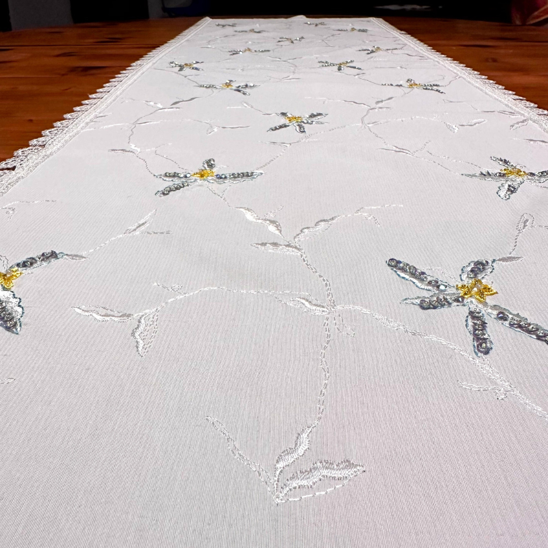 Hand-Embroidered Floral Table Runner with Lace Border