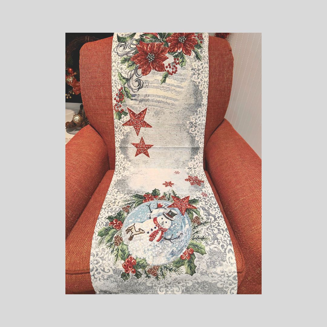 Hand-Beaded Gobelin Table Runner – Winter Snowman & Poinsettia