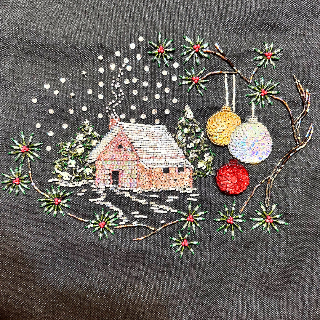 Winter Cottage Beaded Table Runner – Handmade Holiday Décor
