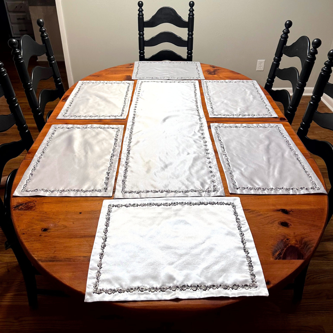 Silver Grace 7-Piece Embroidered Table Set – Handmade Elegance