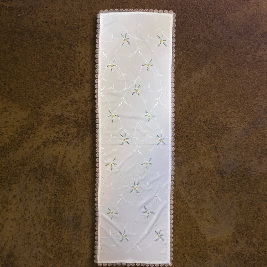 Hand-Embroidered Floral Table Runner with Lace Border