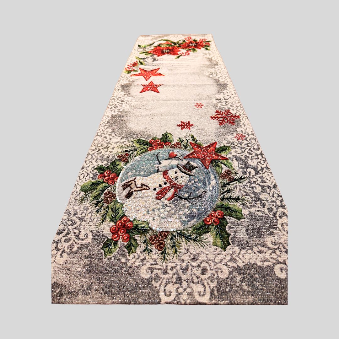 Hand-Beaded Gobelin Table Runner – Winter Snowman & Poinsettia