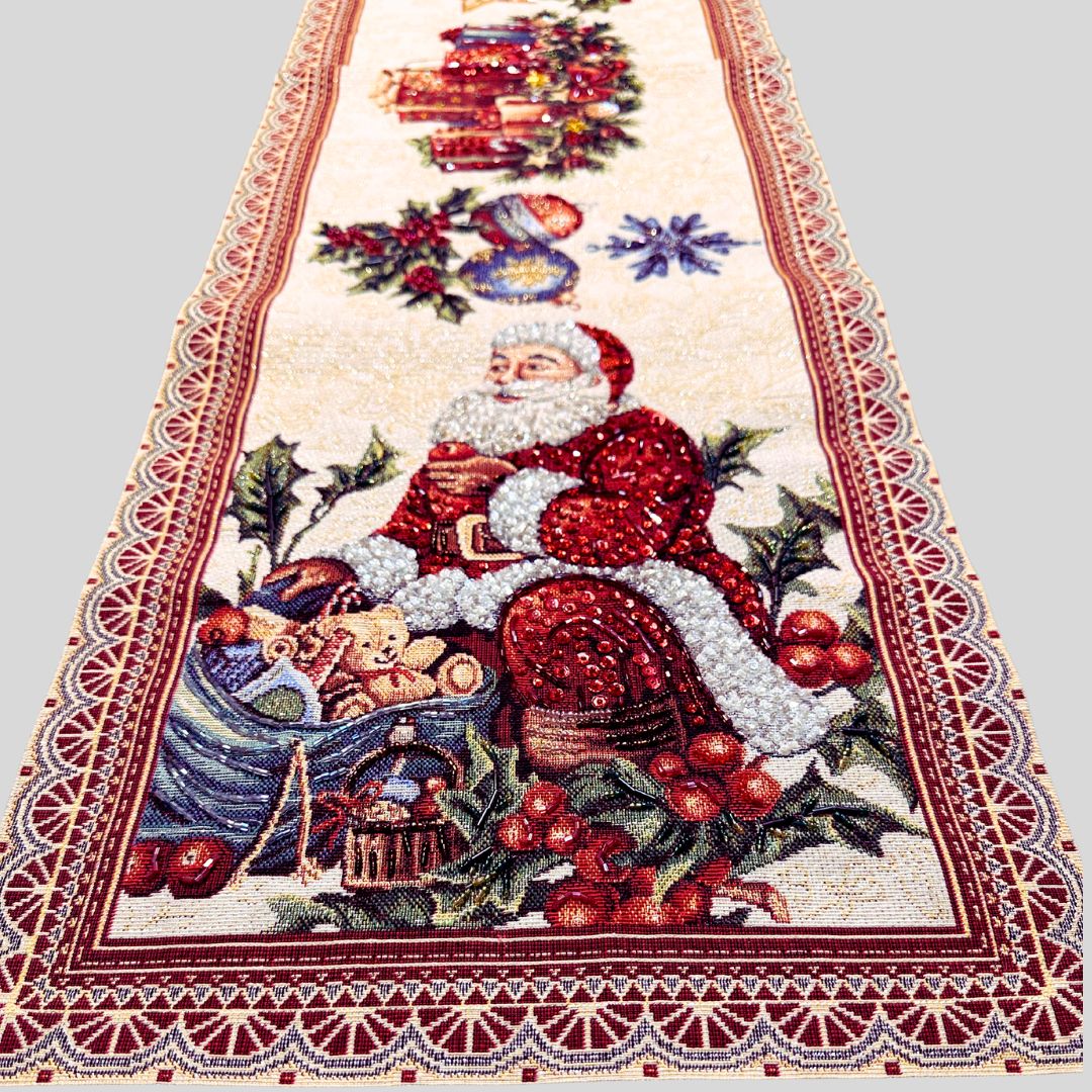 Hand-Beaded Gobelin Christmas Table Runner – Santa Claus