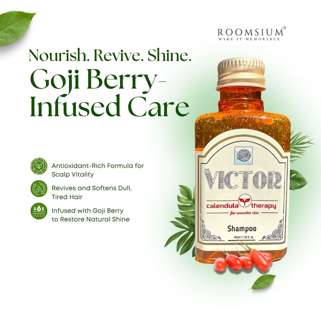 Bottle of Victor shampoo with goji berries and green leaves on a light green background
