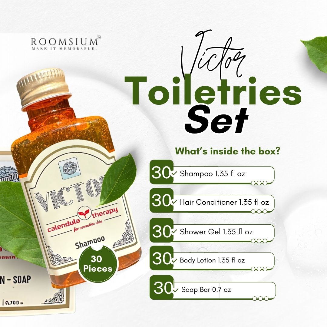 Victor Toiletries Set packaging with product details on a white background