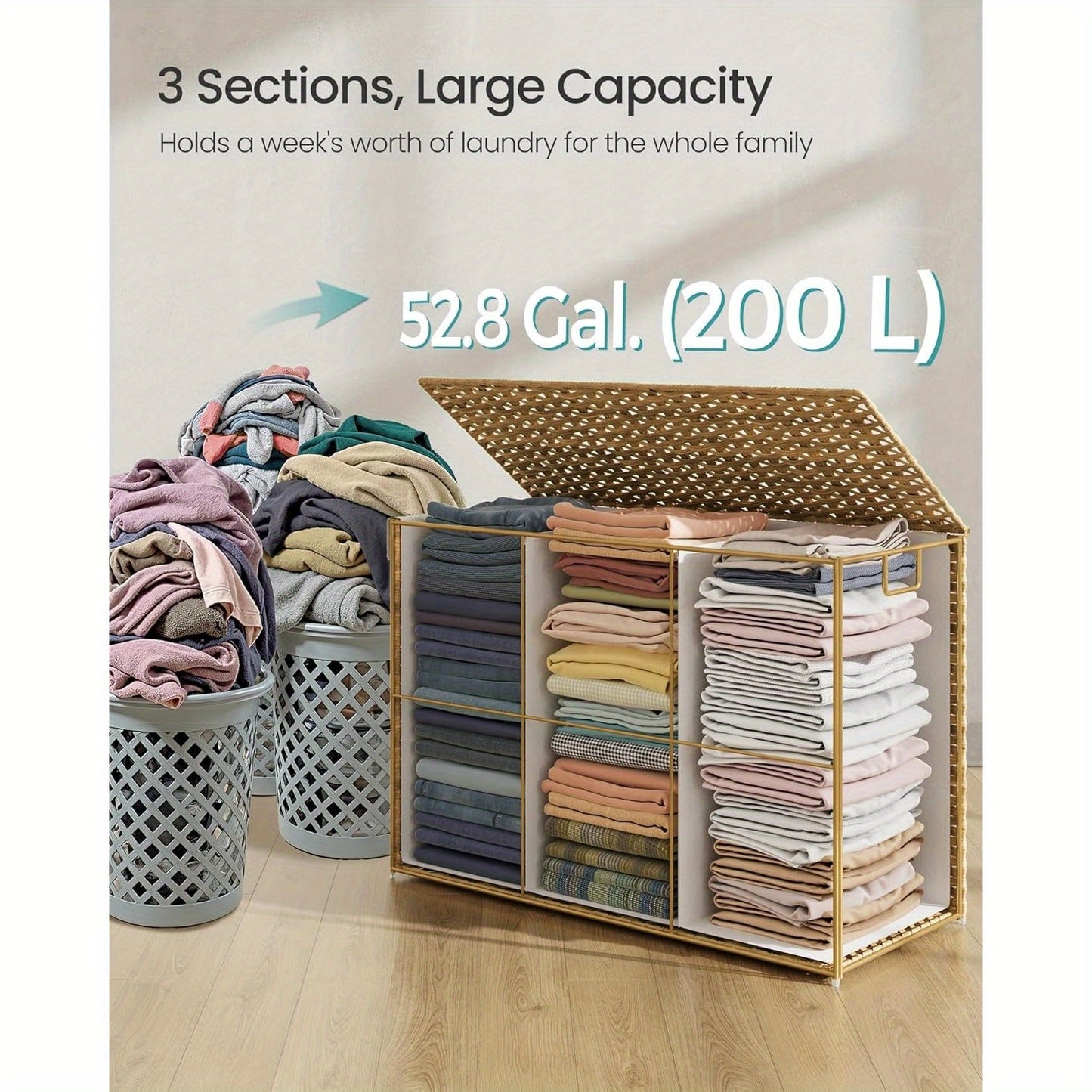 Foldable Laundry Hamper with Lid β 52.8 Gallon (200 L) Synthetic Rattan Clothes Basket