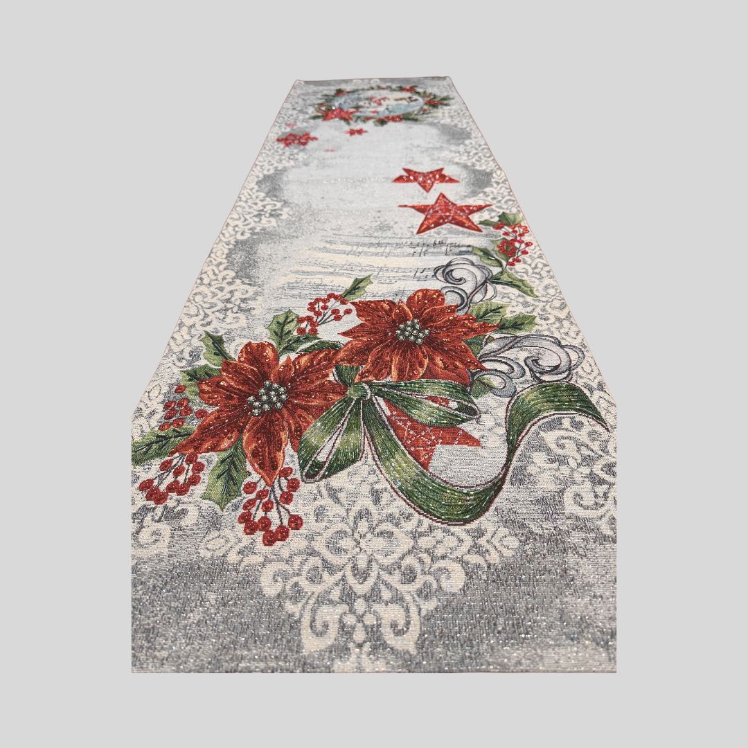 Hand-Beaded Gobelin Table Runner – Winter Snowman & Poinsettia