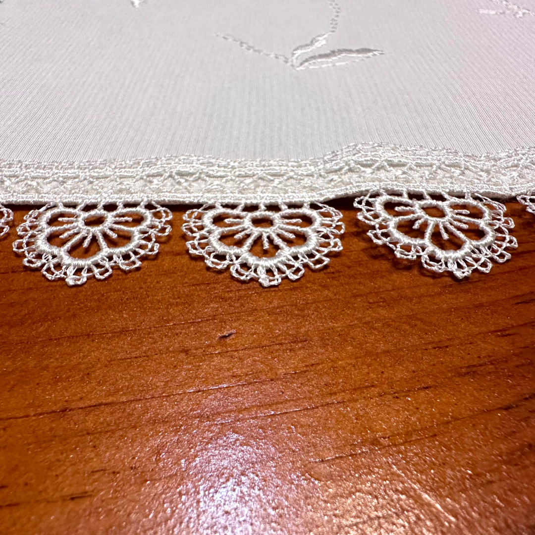 Hand-Embroidered Floral Table Runner with Lace Border