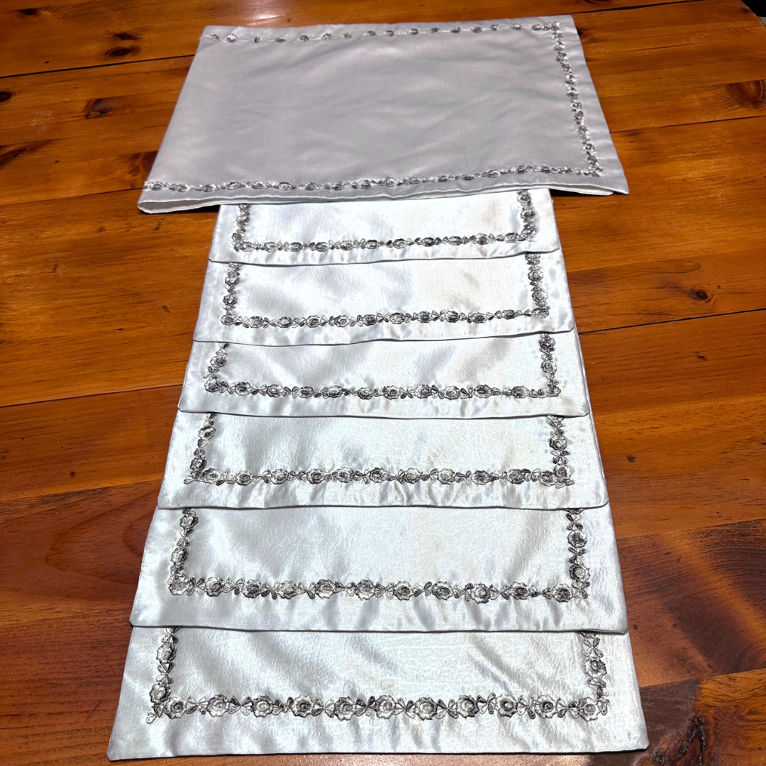 Silver Grace 7-Piece Embroidered Table Set – Handmade Elegance