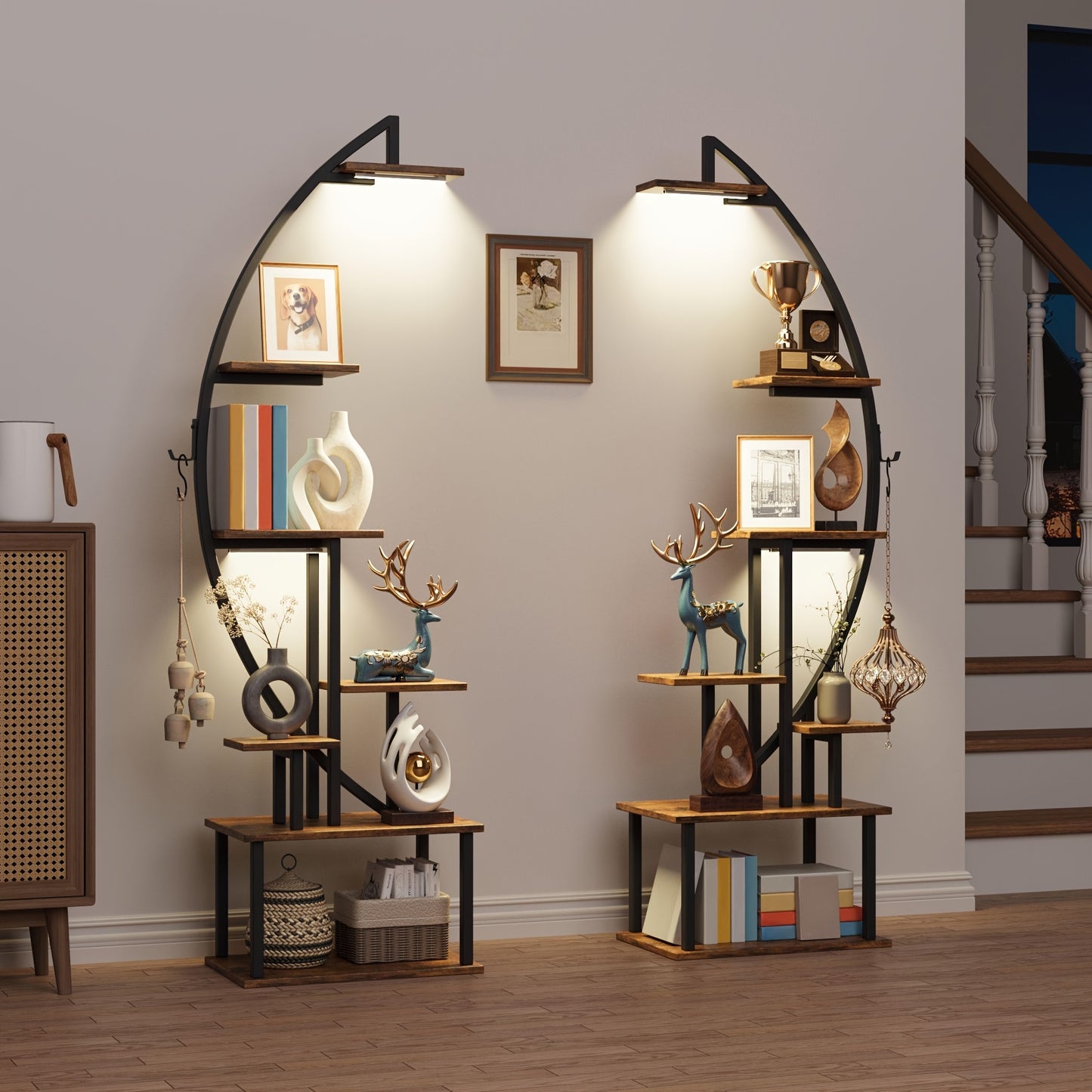 2pcs 7-Tier Bookshelf with Lights – Metal & Wood Display Unit