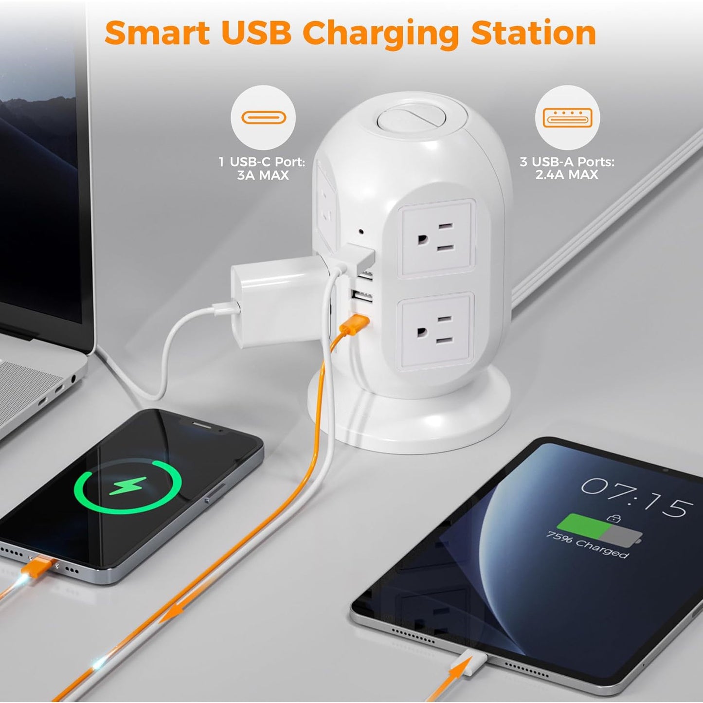 SUPERDANNY 12-Outlet Power Strip Tower with USB & Surge Protection – 35W Fast Charging Station