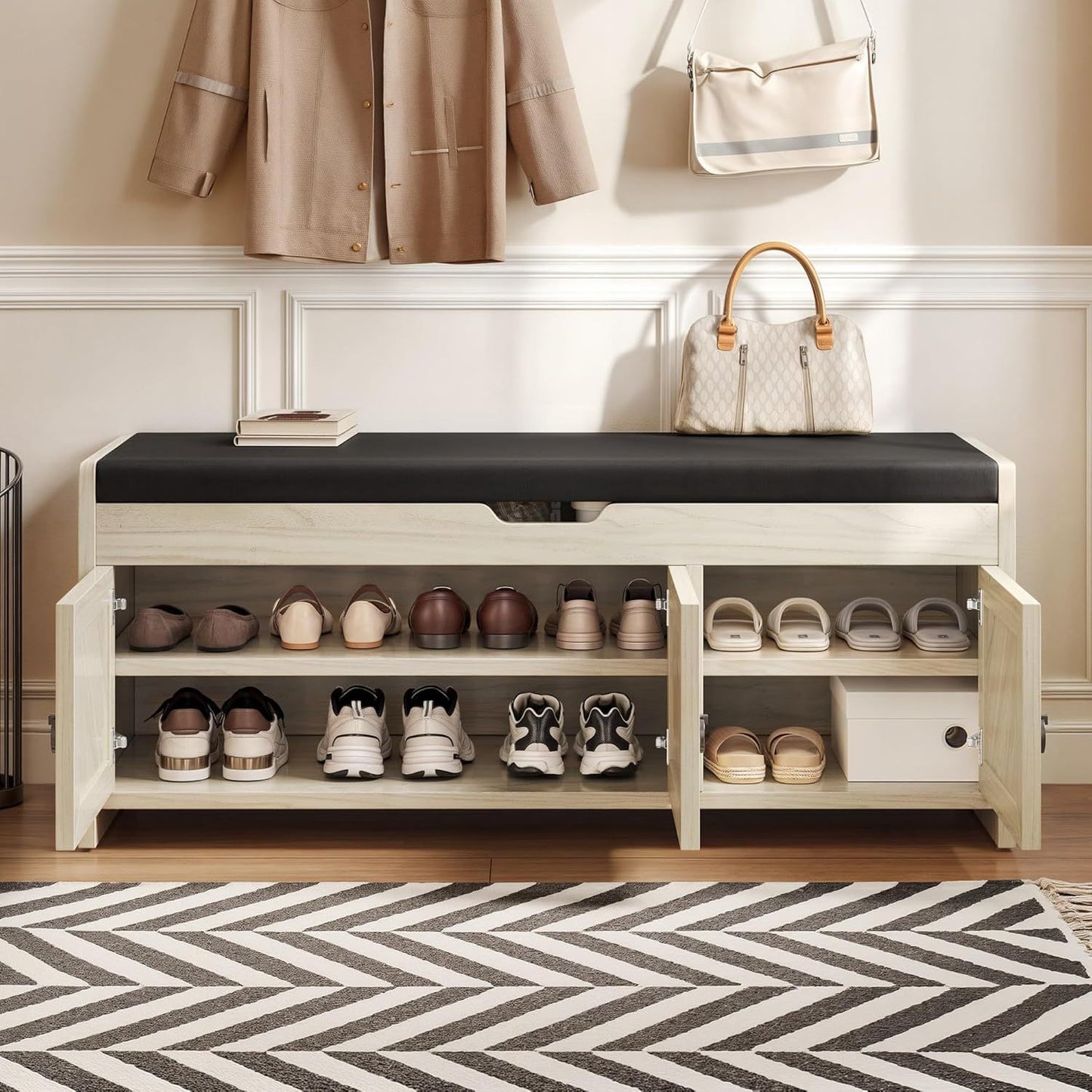 2-Tier Farmhouse Shoe Cabinet Bench with Lift-Top Storage & Barn Doors – Cushioned Seat