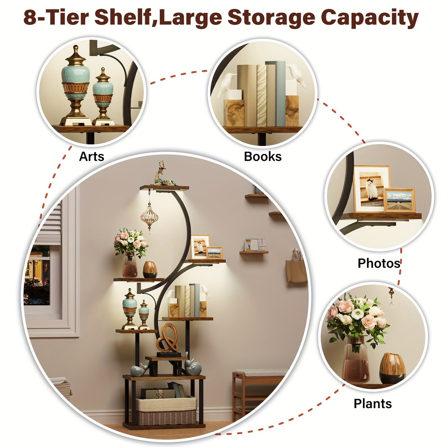 8-Tier Bookshelf with Lights β Metal & Wood Display Unit
