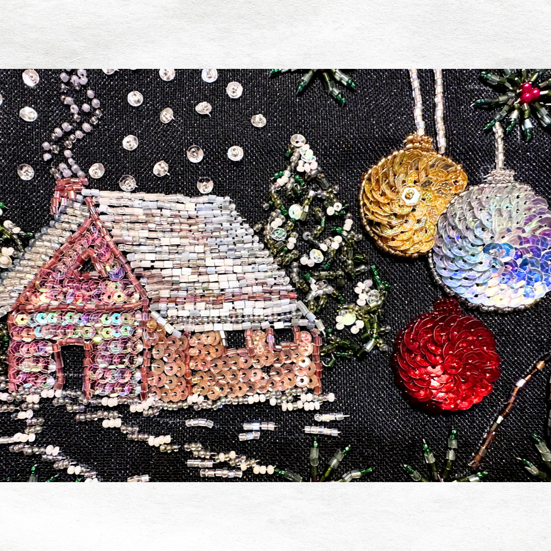 Winter Cottage Beaded Table Runner – Handmade Holiday Décor