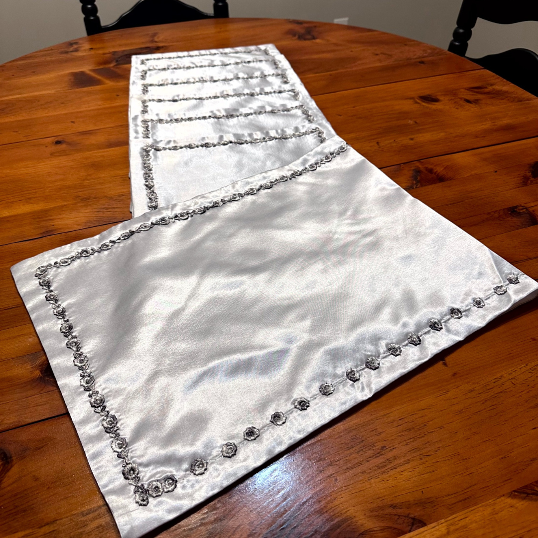 Silver Grace 7-Piece Embroidered Table Set – Handmade Elegance