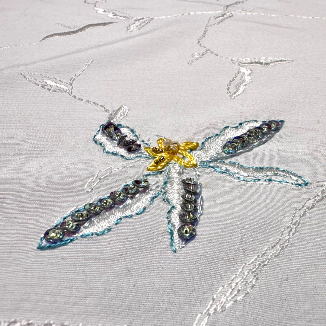 Hand-Embroidered Floral Table Runner with Lace Border