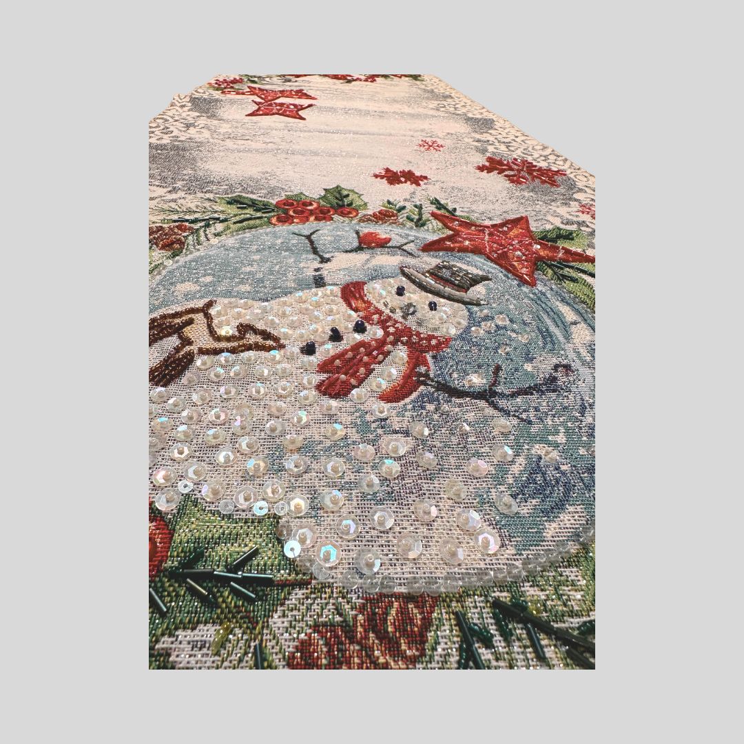 Hand-Beaded Gobelin Table Runner – Winter Snowman & Poinsettia
