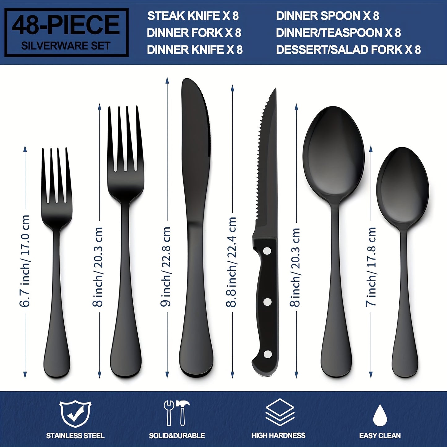 24/48-Piece Stainless Steel Silverware Set with Steak Knives – Mirror-Polished Tableware