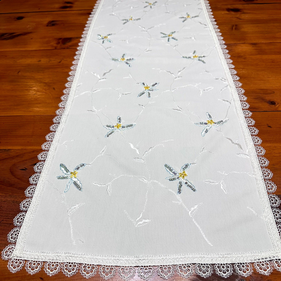Hand-Embroidered Floral Table Runner with Lace Border