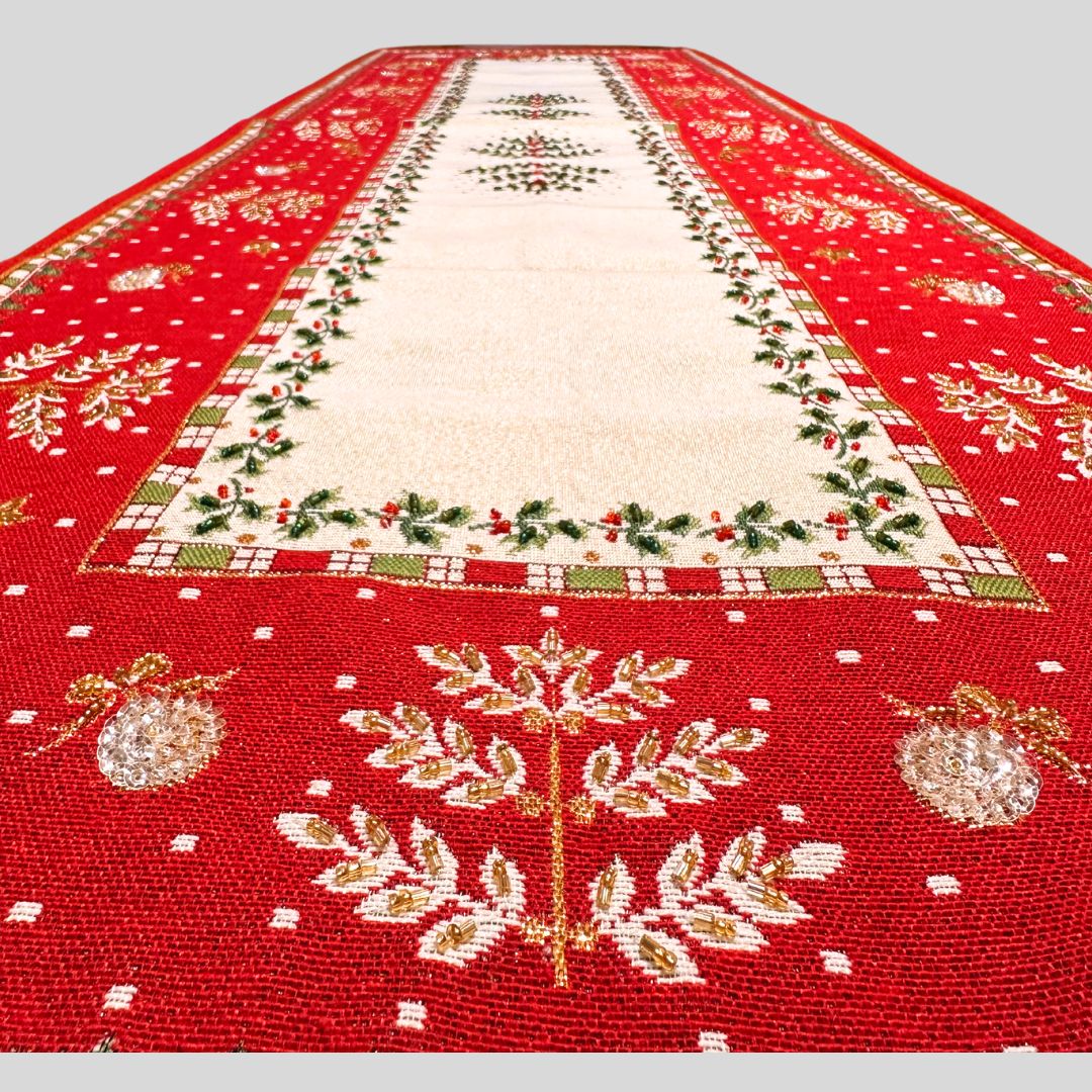 Hand-Beaded Gobelin Christmas Table Runner – Festive Elegance