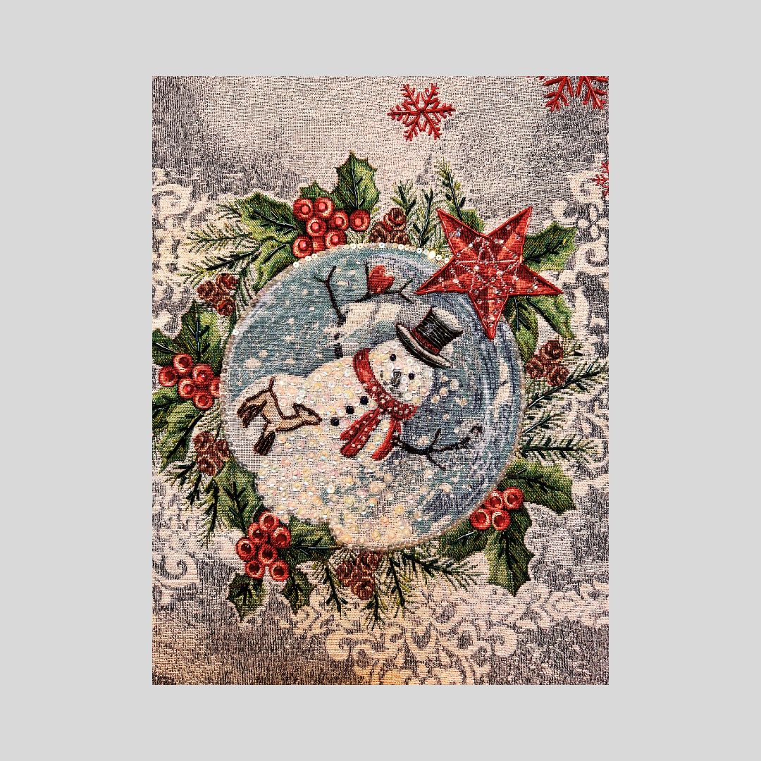 Hand-Beaded Gobelin Table Runner – Winter Snowman & Poinsettia