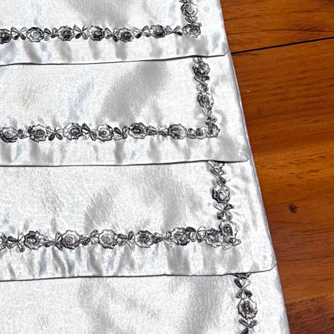 Silver Grace 7-Piece Embroidered Table Set – Handmade Elegance