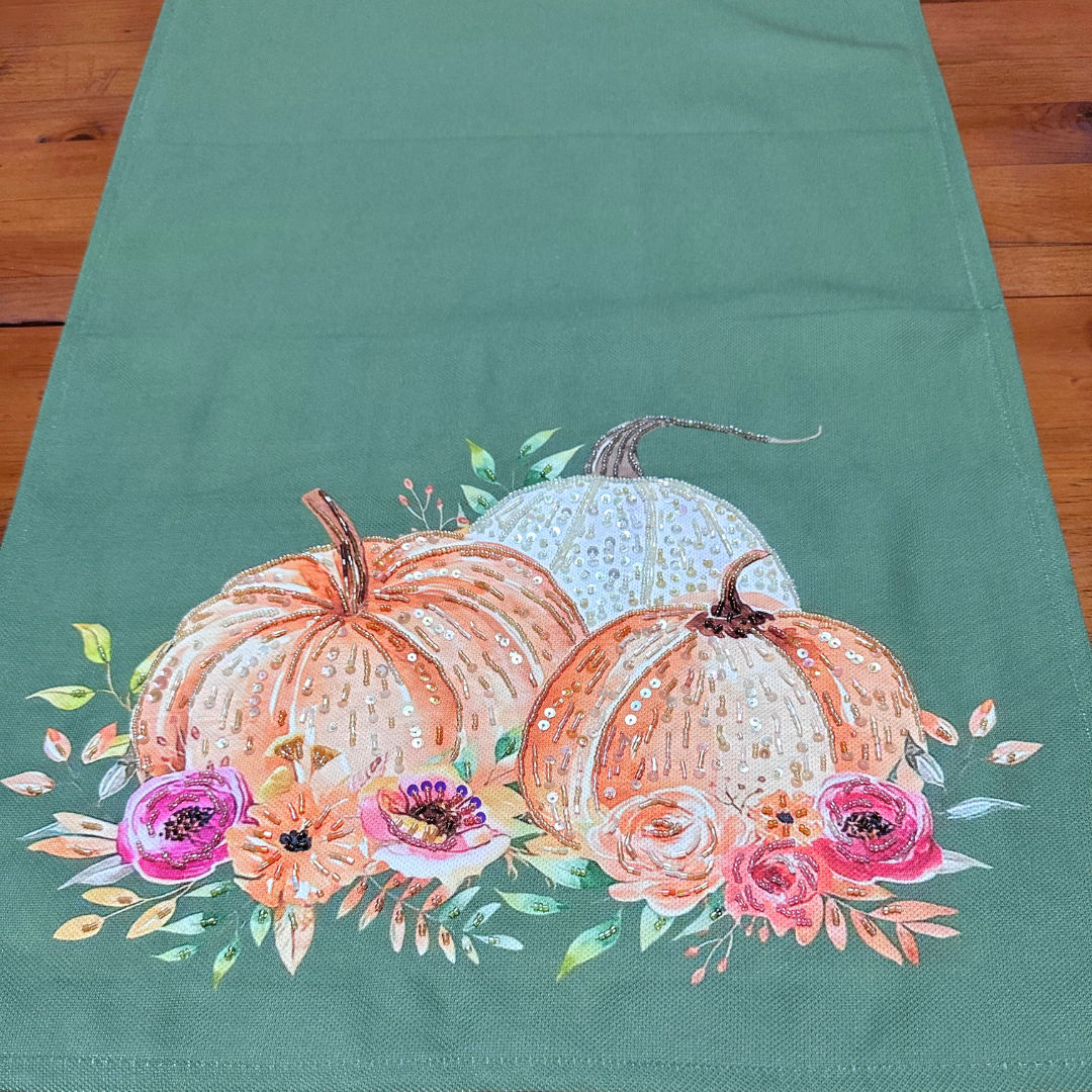 Handmade Beaded Pumpkin Floral Table Runner | Fall Décor