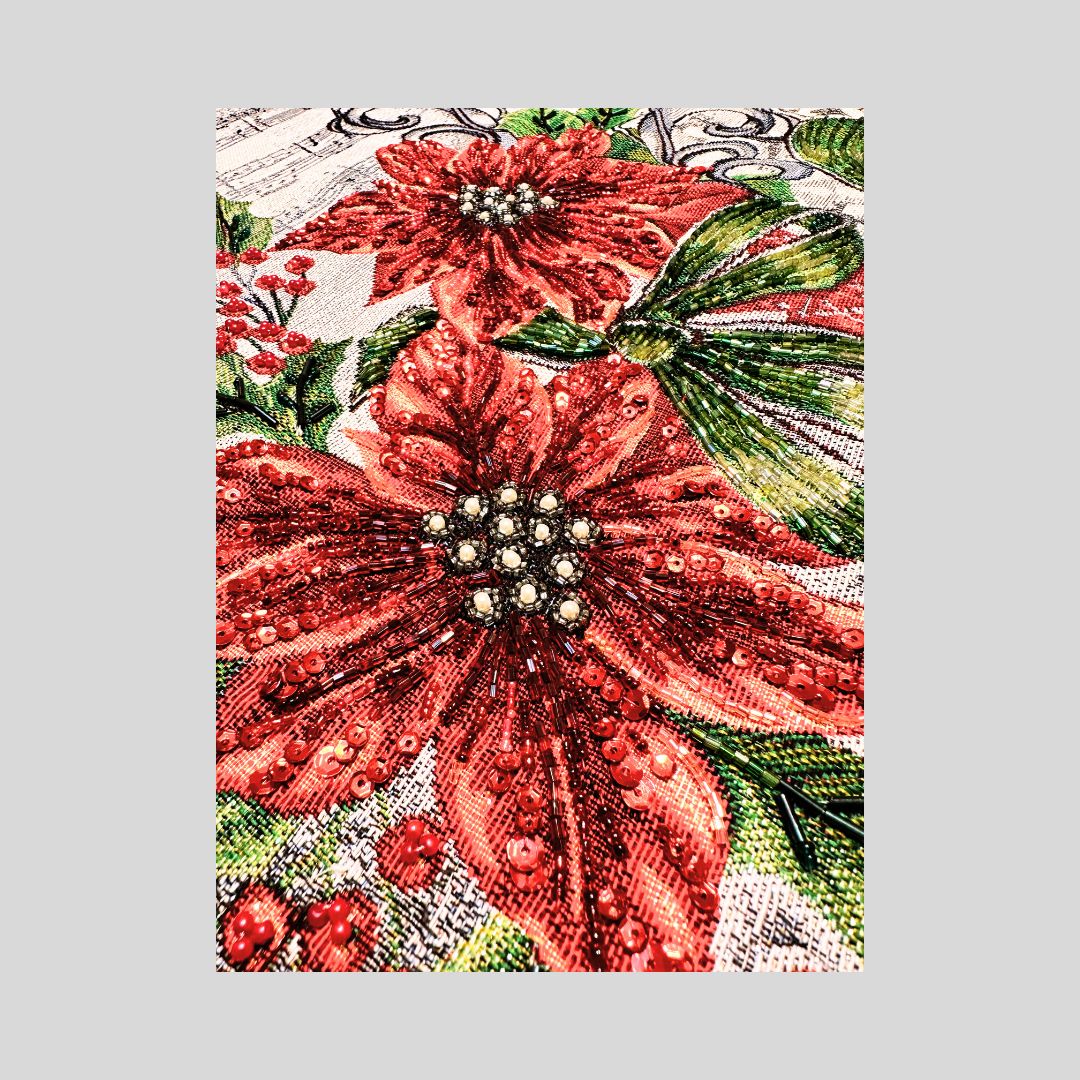 Hand-Beaded Gobelin Table Runner – Winter Snowman & Poinsettia
