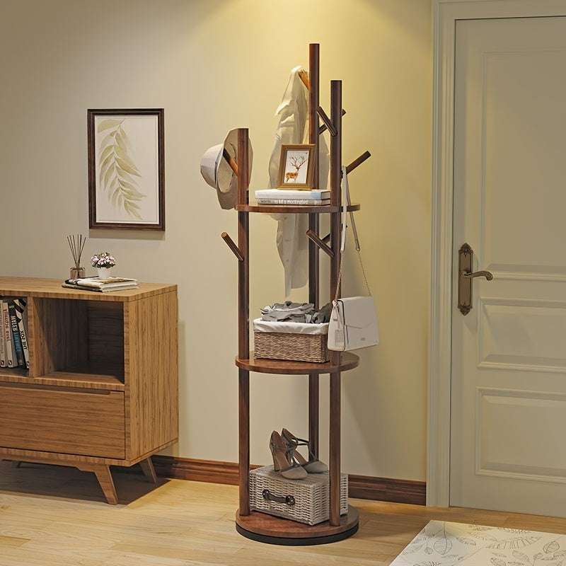 Rotary Solid Wood Coat Rack with 3 Shelves & 9 Hooks β Freestanding 360Β° Rotating Organizer