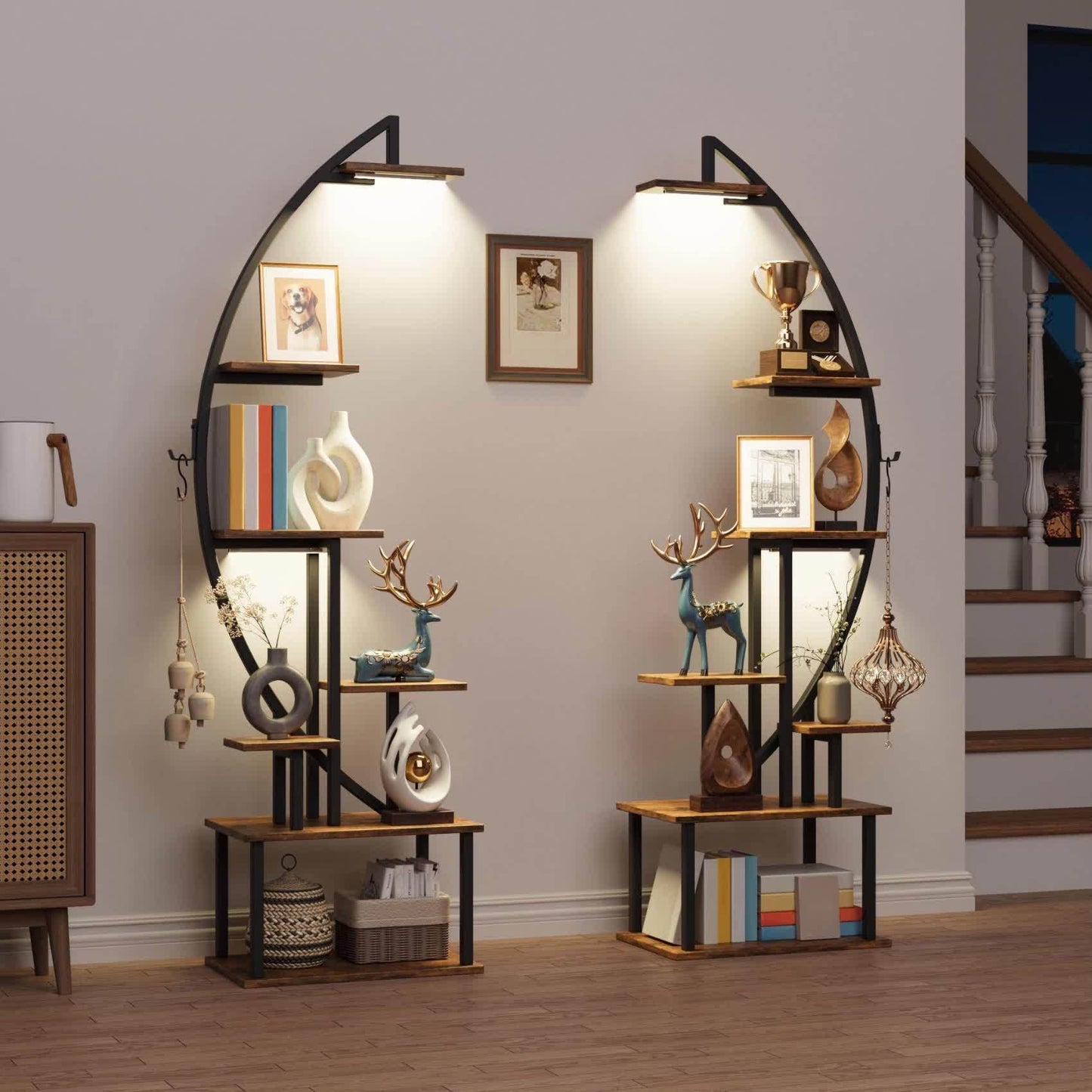2pcs 7-Tier Bookshelf with Lights – Metal & Wood Display Unit
