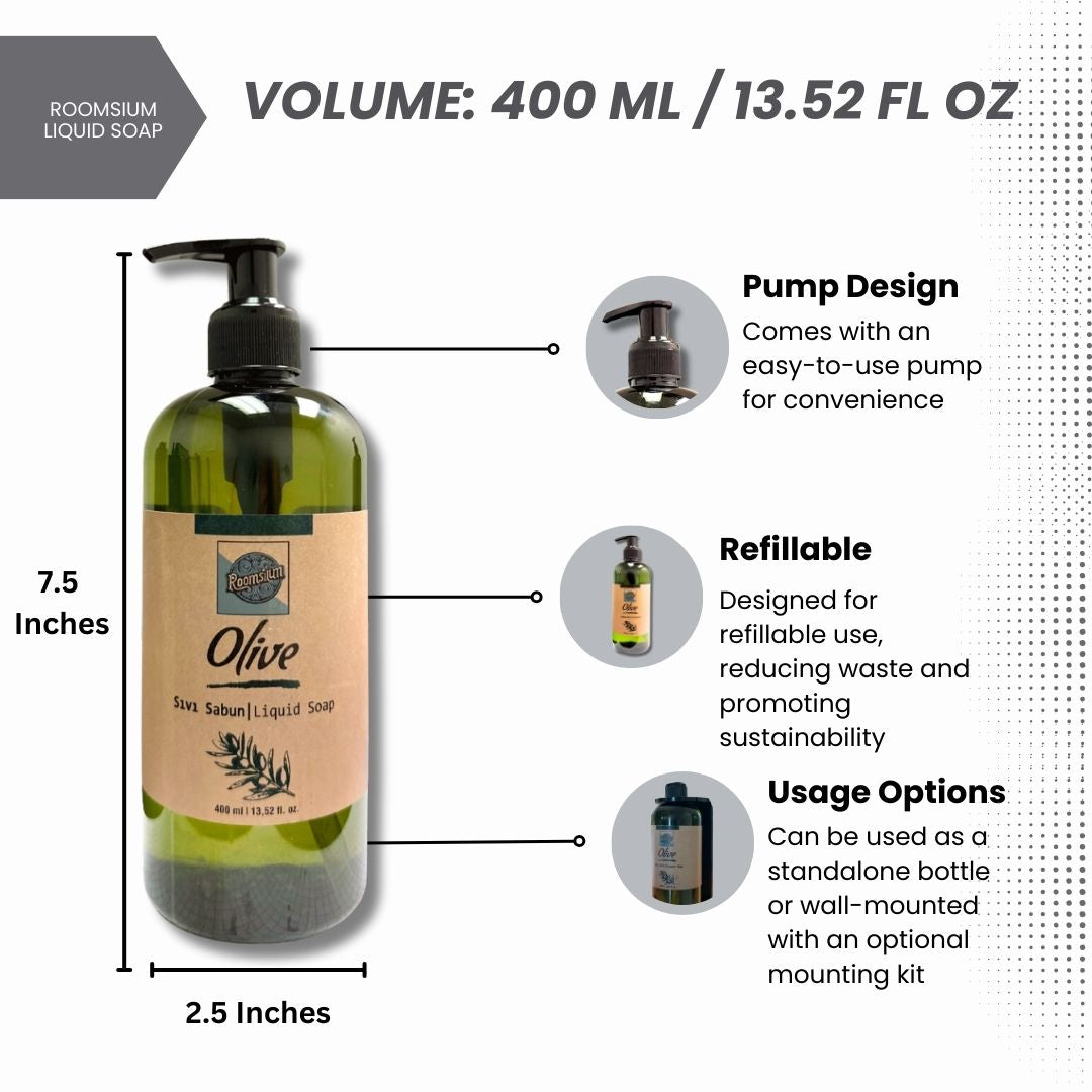 Roomsium Olive Essence Liquid Soap – 13.52 Fl Oz Refillable Dispenser with Mounting Kit