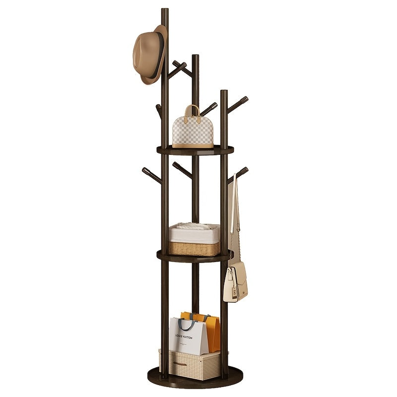 Rotary Solid Wood Coat Rack with 3 Shelves & 9 Hooks β Freestanding 360Β° Rotating Organizer